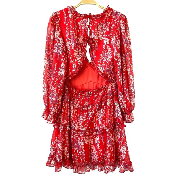 Selfie Leslie Laney Floral Tiered Dress Women M Red Ruffle Babydoll Cutout Back - Picture 4 of 13